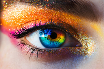 Wall Mural - Close up view of female eye with bright multicolored fashion mak