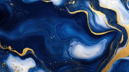 Wall Mural - Abstract blue and gold marbled artwork with fluid patterns and textures.