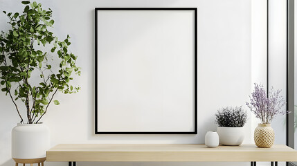 Wall Mural - Poster mockup with vertical black frame in white wall interior background