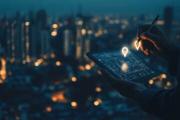 Wall Mural - Businessman writing on tablet with city skyline  global connectivity symbolized by floating pins