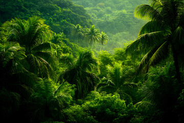 Sticker - Lush green jungle foliage with tall palm trees.