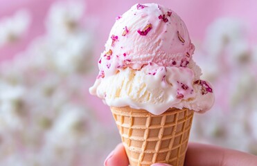 Hand holding an ice cream cone with pink and white scoops against a white flower background