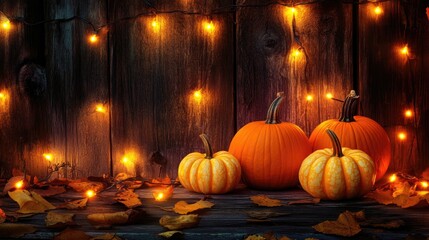 Wall Mural - Three pumpkins of different sizes sit on a rustic wooden surface with fallen leaves and warm string lights.