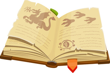 Medieval ancient spellbook or magic book game icon with dragons, vector ancient manuscript. Cartoon magic spell book of wizard mystery or witchcraft with dragon monsters for fantasy adventure game