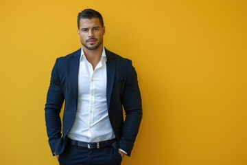 Wall Mural - muscular man in a sharp outfit, confidently presenting against a solid color backdrop, showcasing hi