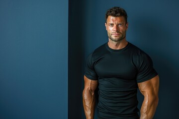 Wall Mural - muscular man presenting confidently, fit body emphasized against a solid color background, showcasin