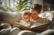 © kitipol - High-resolution brightly lit photorealistic candid photograph of a mother and child cuddling on a comfortable sofa, reading a storybook together on a sunny afternoon. The photograph is styled like a