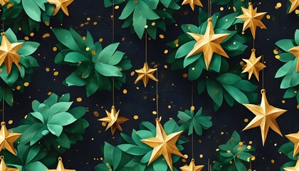 Elegant green confetti and gold Christmas stars in a seamless dark patterned background, creating a festive and stylish textile design for holiday decor