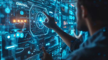Business Man pushing on a touch screen interface Data Programming concept. Virtual machine