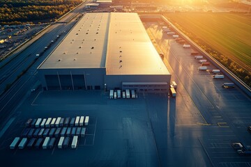 Wall Mural - Aerial perspective of a contemporary warehouse with truck parking and field under bright sunlight