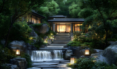 Wall Mural - Tranquil Zen garden with a flowing waterfall and stone path leading to a traditional Japanese house.