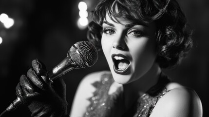 Wall Mural - a vintage-styled singer passionately performing with a microphone in a dramatic black-and-white sett