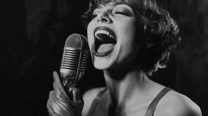Wall Mural - a woman passionately singing into a vintage microphone, evoking a classic musical atmosphere.