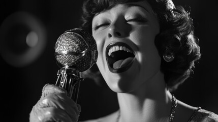 Wall Mural - a vintage-styled singer passionately performing into a classic microphone.