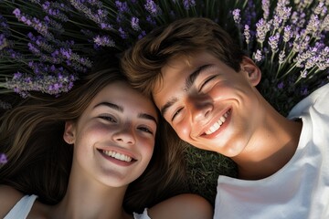 High-resolution brightly lit photorealistic candid photograph of a young couple lying together in a lavender field, their smiles reflecting the joy of the moment. The photograph is styled like a