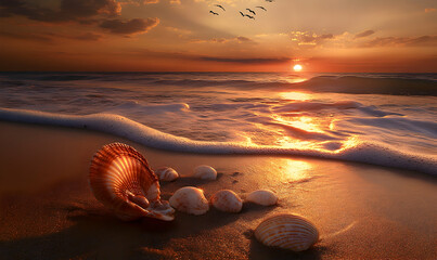 Seashells on a beach at sunset, with the sun shining on the waves.