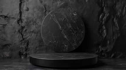 Wall Mural - a minimalist black marble display setup against a textured wall for showcasing products.