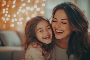 Wall Mural - High-resolution brightly lit photorealistic candid photograph of a mother and daughter laughing together in a cozy, beautifully lit living room. The photograph is styled like a premium lifestyle