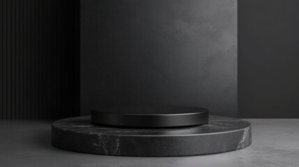 Wall Mural - a minimalist display platform set against a dark, textured wall for showcasing products.