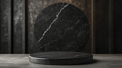 Wall Mural - a minimalist display featuring a circular marble pedestal against a textured background.