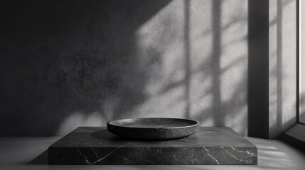 Wall Mural - a minimalist setting featuring a dark stone plate on a textured surface with soft shadows.