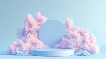 3D white cylindrical podium with cloud on sky,cotton candy and fluffy product display background,exhibition gallery display,vector,Product presentation realistic podium,platform,space for text.