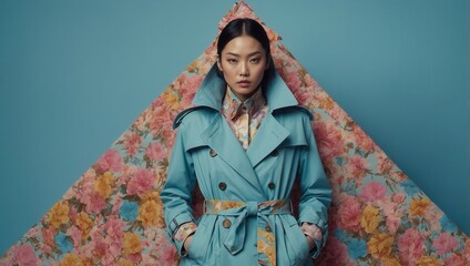 Asian woman with long black hair wearing a blue coat with a belt standing relaxed