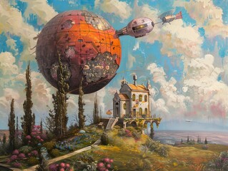 Poster - Surreal Landscape with Flying Ship and House