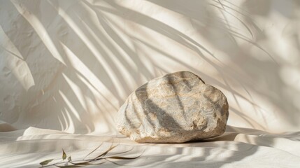 Wall Mural - Minimal product display with a stone and natural leaf shadows, raw photo aesthetic