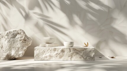 Wall Mural - Sleek product display with stone, minimalistic design, and leaf shadows