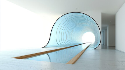 Poster - A modern hallway with a blue glass tunnel and a reflective pool.