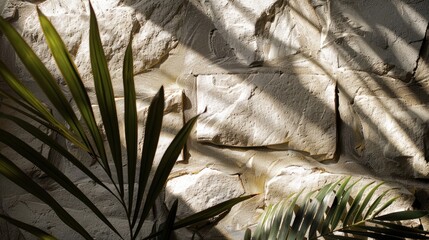 Wall Mural - Elegant product arrangement on stone background with palm leaves shadow, raw photo