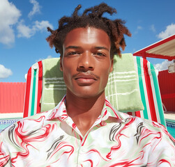 Wall Mural - Black male model in a vibrant, patterned shirt lounging in a colorful striped chair by the pool. A cheerful and bright summer fashion portrait with bold colors.