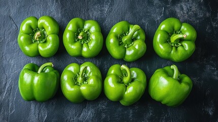 Wall Mural - Eight green bell peppers on a slate surface. Perfect for recipes, blogs, and healthy eating content.