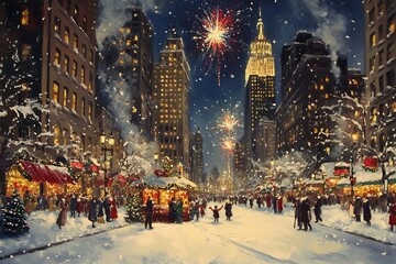 Wall Mural - Magical winter snow fall and city lights. blurred background city street with Christmas illuminations, blurred holiday background.