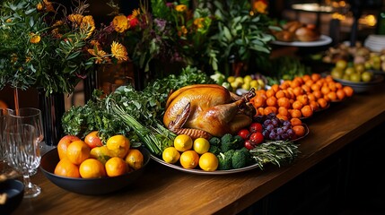 A roasted turkey, lemons, oranges, grapes, tomatoes, broccoli, and sprigs of rosemary on a wooden table.