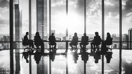 Wall Mural - A silhouette of individuals in a meeting room with a city skyline backdrop.