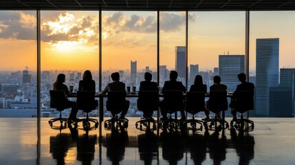 Wall Mural - Silhouettes of people in a meeting room against a sunset backdrop.