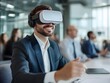 © nuiiko - Businessman wearing virtual reality goggles in modern office. 3D rendering