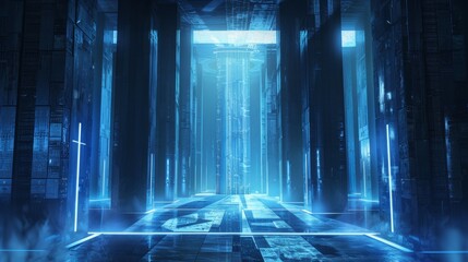 Futuristic dark blue background for presentations with sleek columns and glowing tech patterns