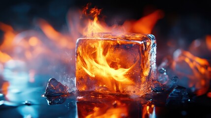 Wall Mural - A single ice cube, set against a background of flames and smoke, appears to be burning from within. The image is a powerful visual metaphor for the opposing forces of fire and ice.