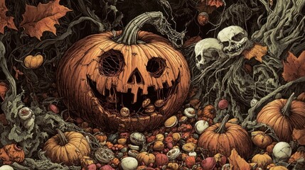 A spooky pumpkin surrounded by autumn leaves, skulls, and colorful fruits for Halloween.