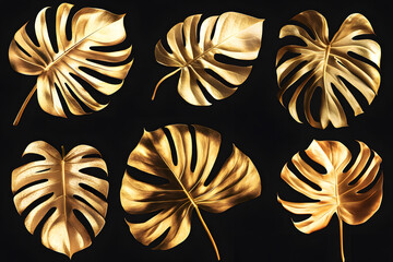 Wall Mural - Set of golden tropical monstera leaves isolated on black background