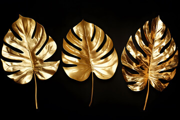 Wall Mural - Set of golden tropical monstera leaves isolated on black background