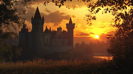 Wall Mural - A majestic castle silhouetted against a sunset, surrounded by nature and tranquility.