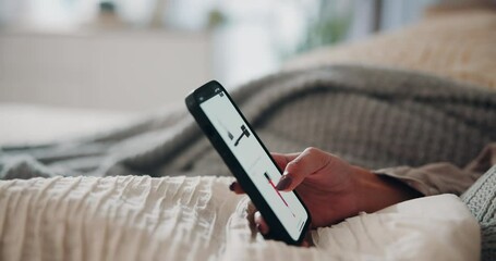 Aufkleber - Woman, hands and phone screen with makeup for ecommerce or online browsing in bed at home. Closeup, female person or shopper on mobile smartphone display for menu, cosmetic products or beauty website