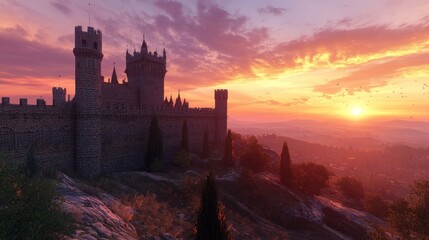 Wall Mural - A majestic castle silhouette against a vibrant sunset sky.