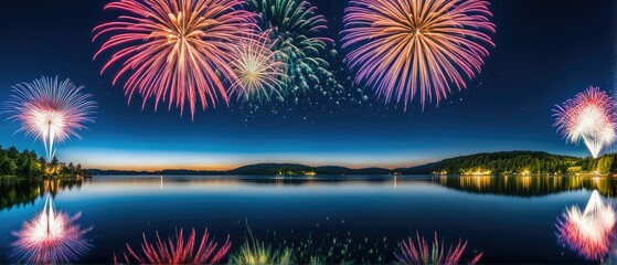 Wall Mural - Fireworks Display Over a Lake