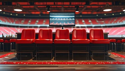 Vibrant red stadium seats in a lively bar setting with a TV providing entertainment in the background