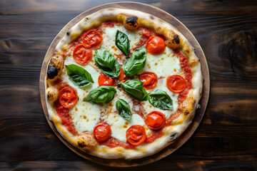 Pizza Margherita with Basil on Wooden Board top view commercial advertising photo